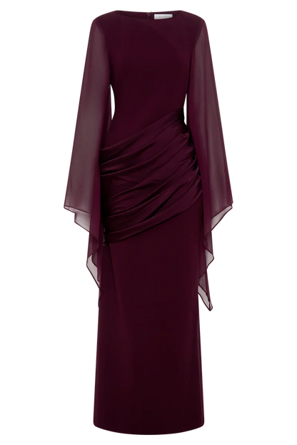 Mabel | Maxi Evening Dress Deep Burgundy Crepe Cape Sleeve for Women