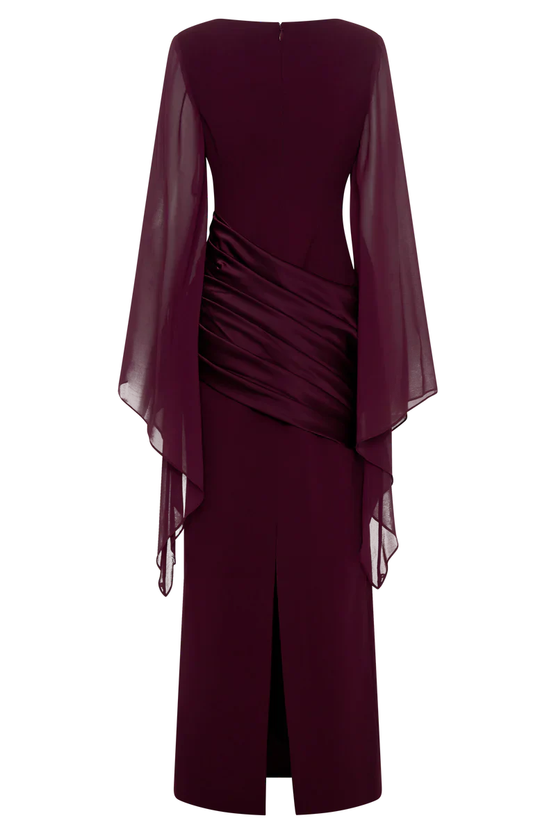 Mabel | Maxi Evening Dress Deep Burgundy Crepe Cape Sleeve for Women