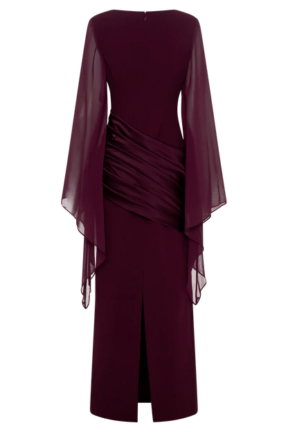 Mabel | Maxi Evening Dress Deep Burgundy Crepe Cape Sleeve for Women