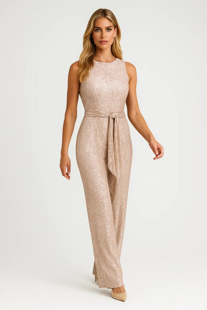 Clara | Sequin Jumpsuit Rose Gold Glitter Sleeveless Belted for Women