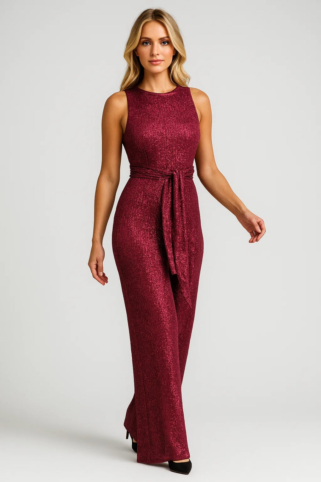 Clara | Sequin Jumpsuit Rose Gold Glitter Sleeveless Belted for Women