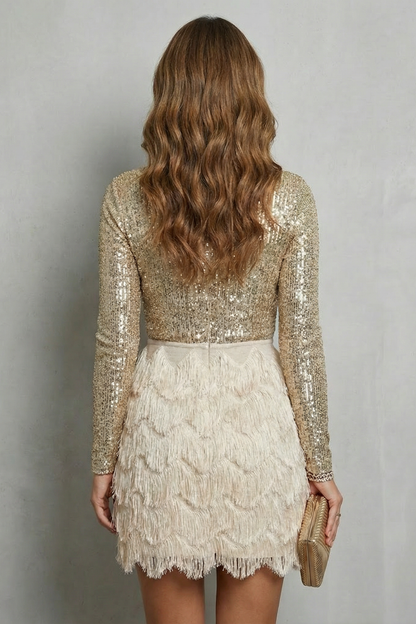 Adelaide | Mini Party Dress Gold Sequin Feather Fringe Long Sleeve for Women