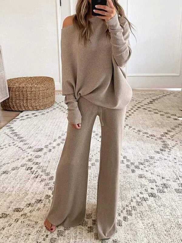 Harriet | Knit Co-ord Set Taupe Polyester Off-Shoulder Wide-Leg Loungewear for Women