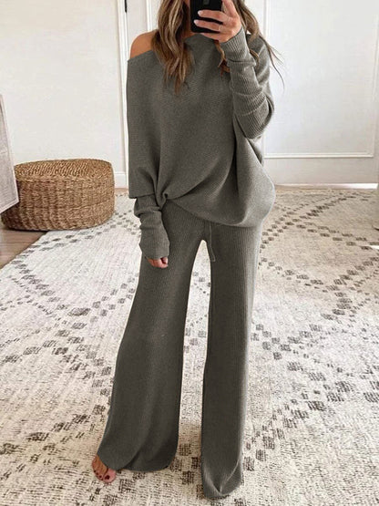 Harriet | Knit Co-ord Set Taupe Polyester Off-Shoulder Wide-Leg Loungewear for Women