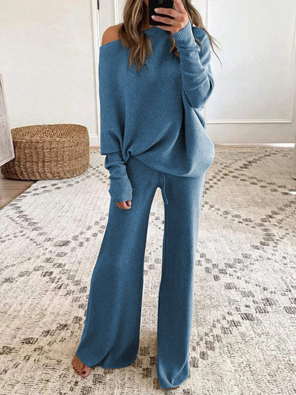 Harriet | Knit Co-ord Set Taupe Polyester Off-Shoulder Wide-Leg Loungewear for Women