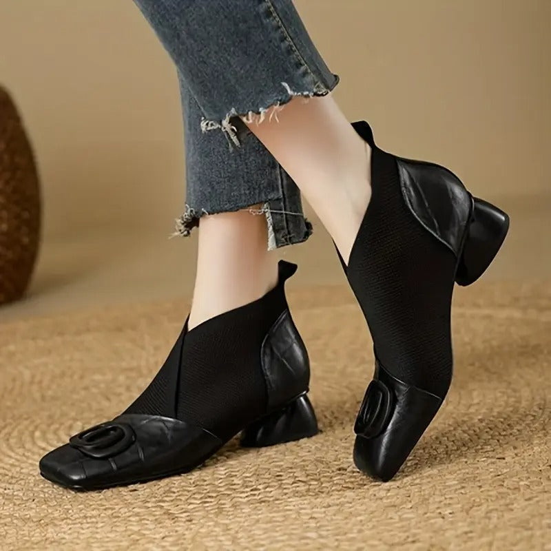 Coralie | Ankle Boots Black Knit Panel Square Toe for Women