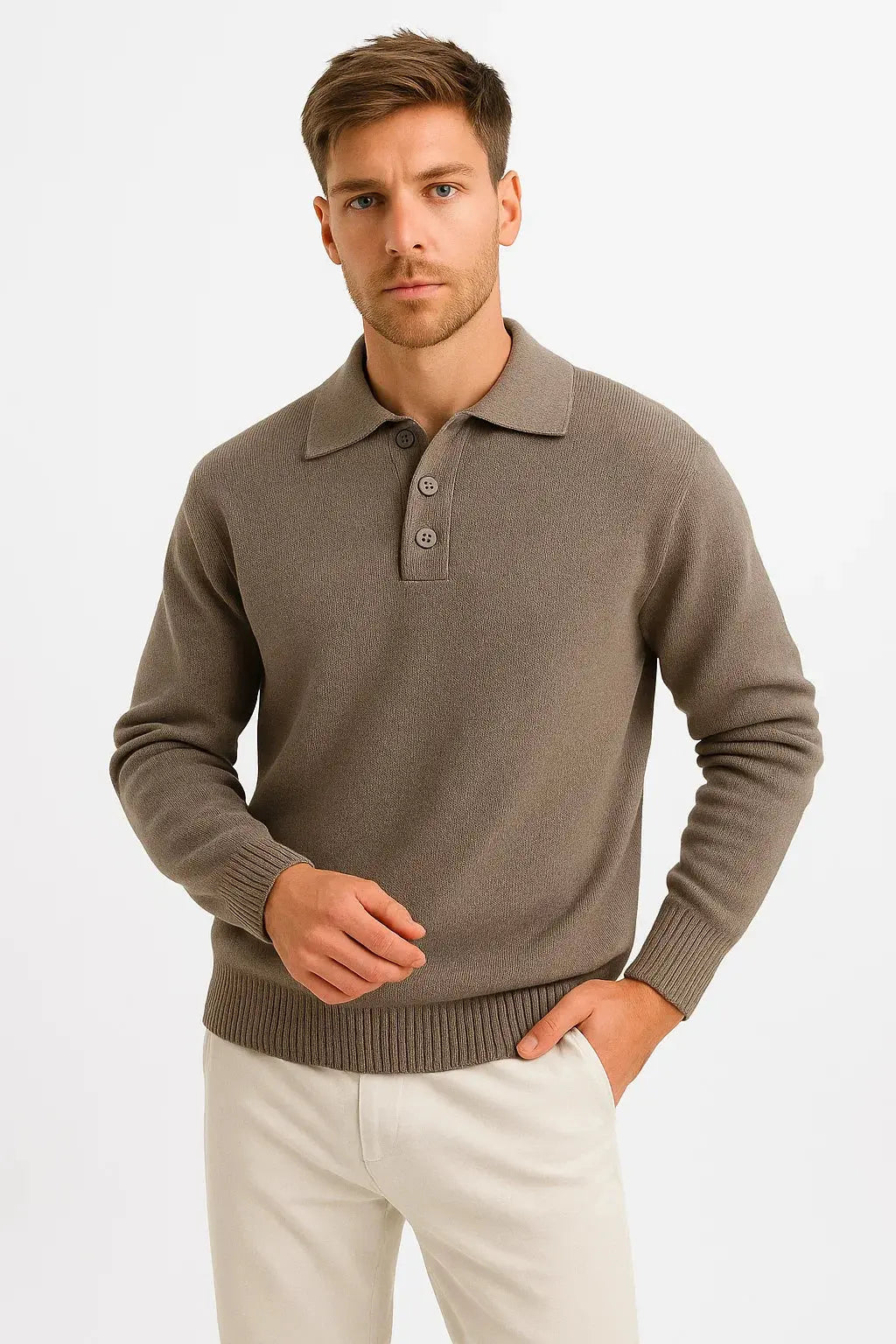 Thomas | Polo Sweater Taupe Knit Long Sleeve for Men