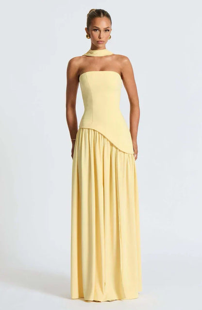 Cecily | Maxi Dress Lemon Strapless Halter Neck Gathered Skirt for Women