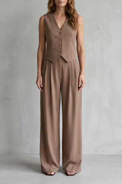 Ottoline | Pinstripe Co-Ord Set Mocha Brown Wide-Leg Tailored for Women