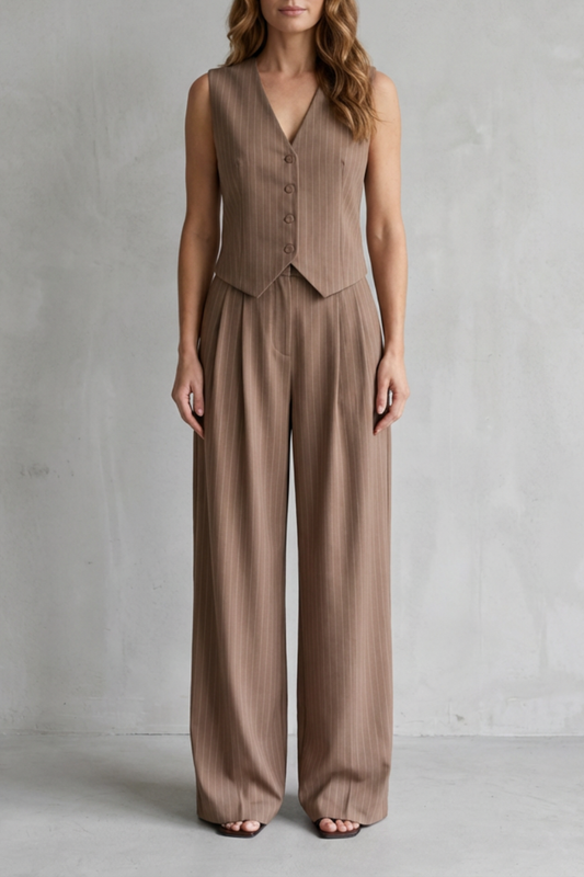 Ottoline | Pinstripe Co-Ord Set Mocha Brown Wide-Leg Tailored for Women