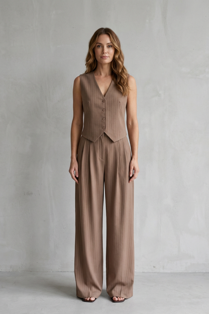 Ottoline | Pinstripe Co-Ord Set Mocha Brown Wide-Leg Tailored for Women