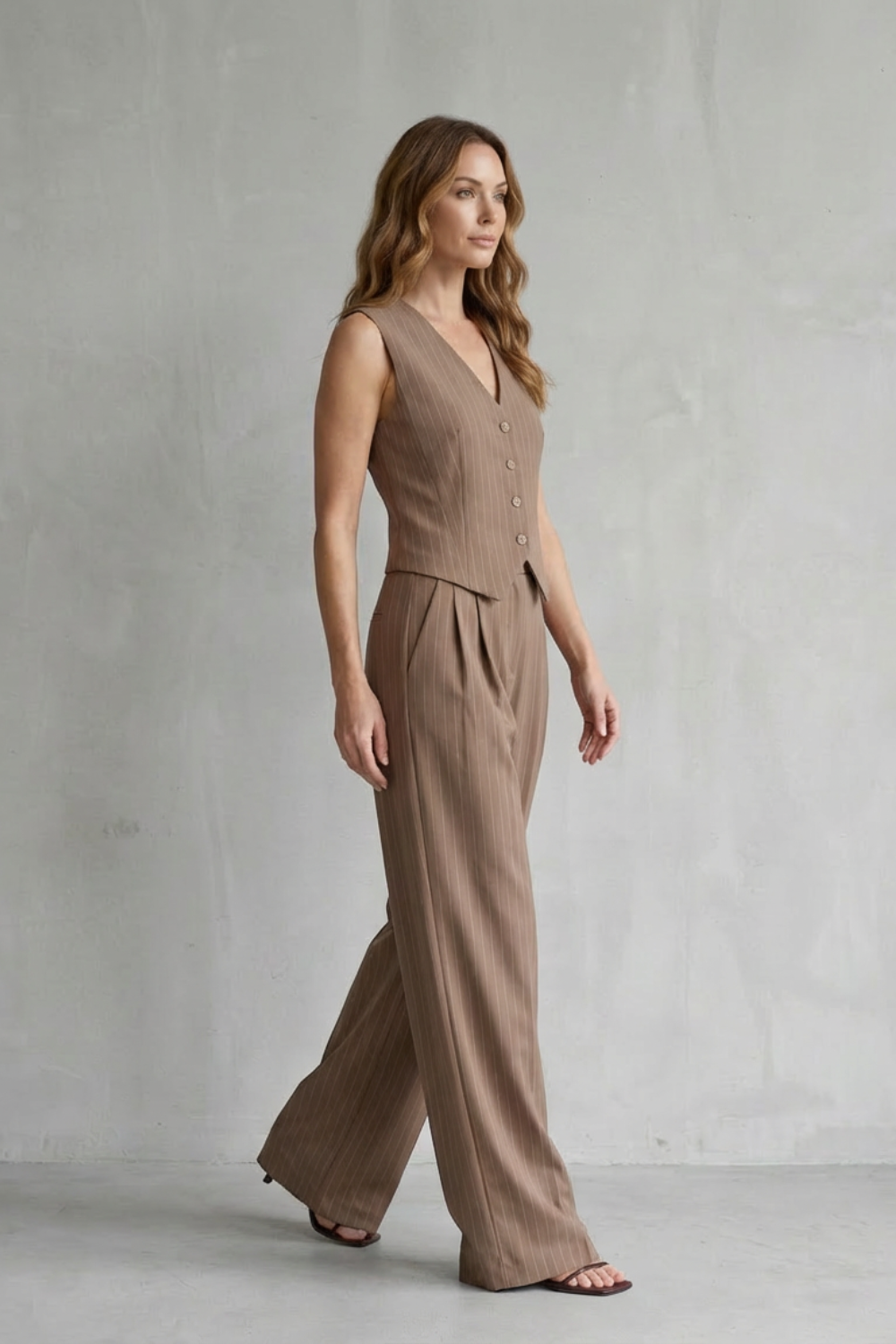 Ottoline | Pinstripe Co-Ord Set Mocha Brown Wide-Leg Tailored for Women