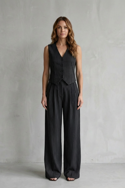 Ottoline | Pinstripe Co-Ord Set Mocha Brown Wide-Leg Tailored for Women
