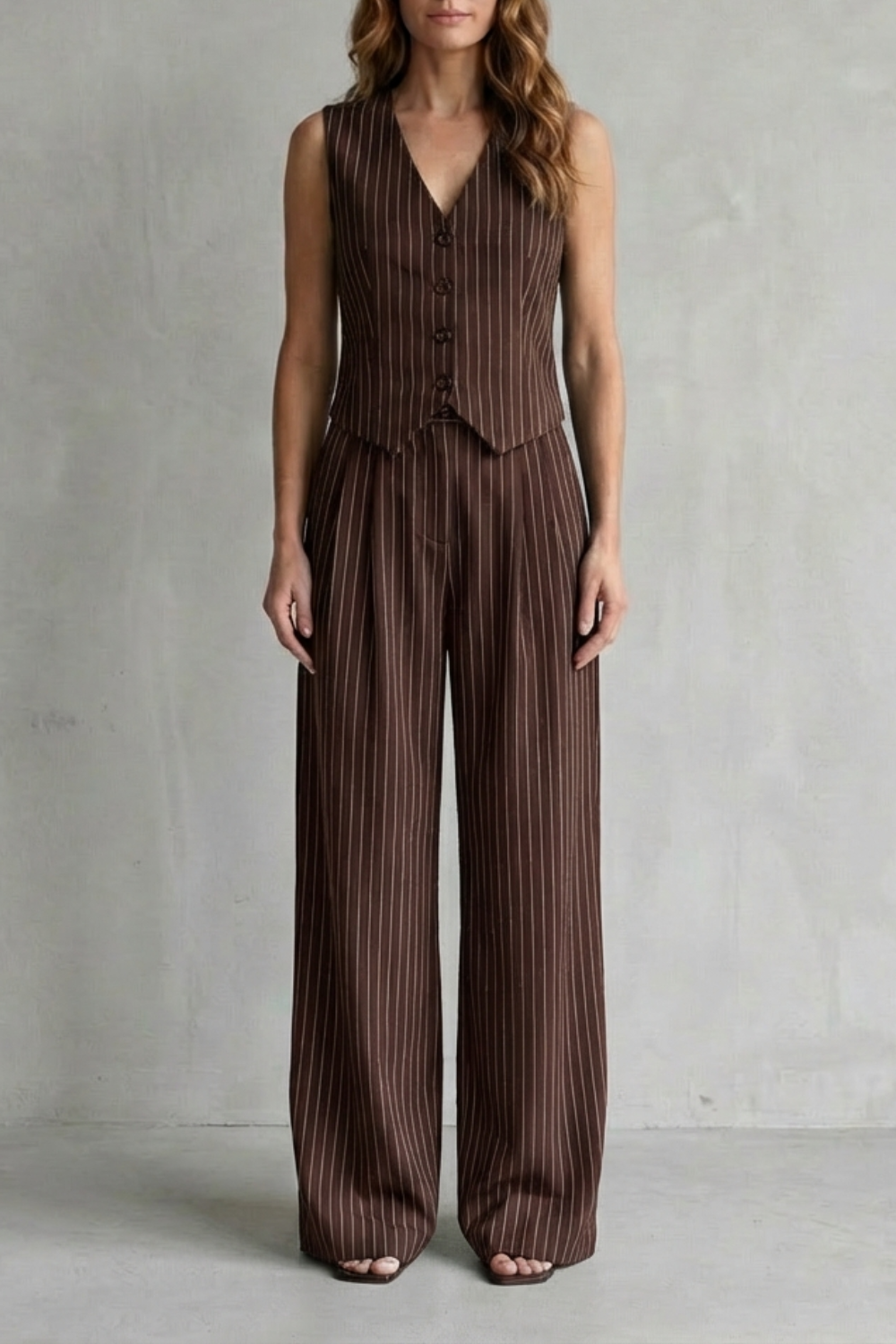 Ottoline | Pinstripe Co-Ord Set Mocha Brown Wide-Leg Tailored for Women