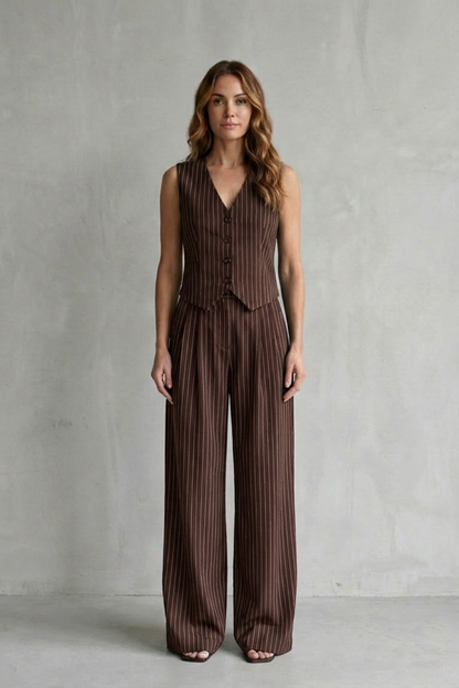 Ottoline | Pinstripe Co-Ord Set Mocha Brown Wide-Leg Tailored for Women