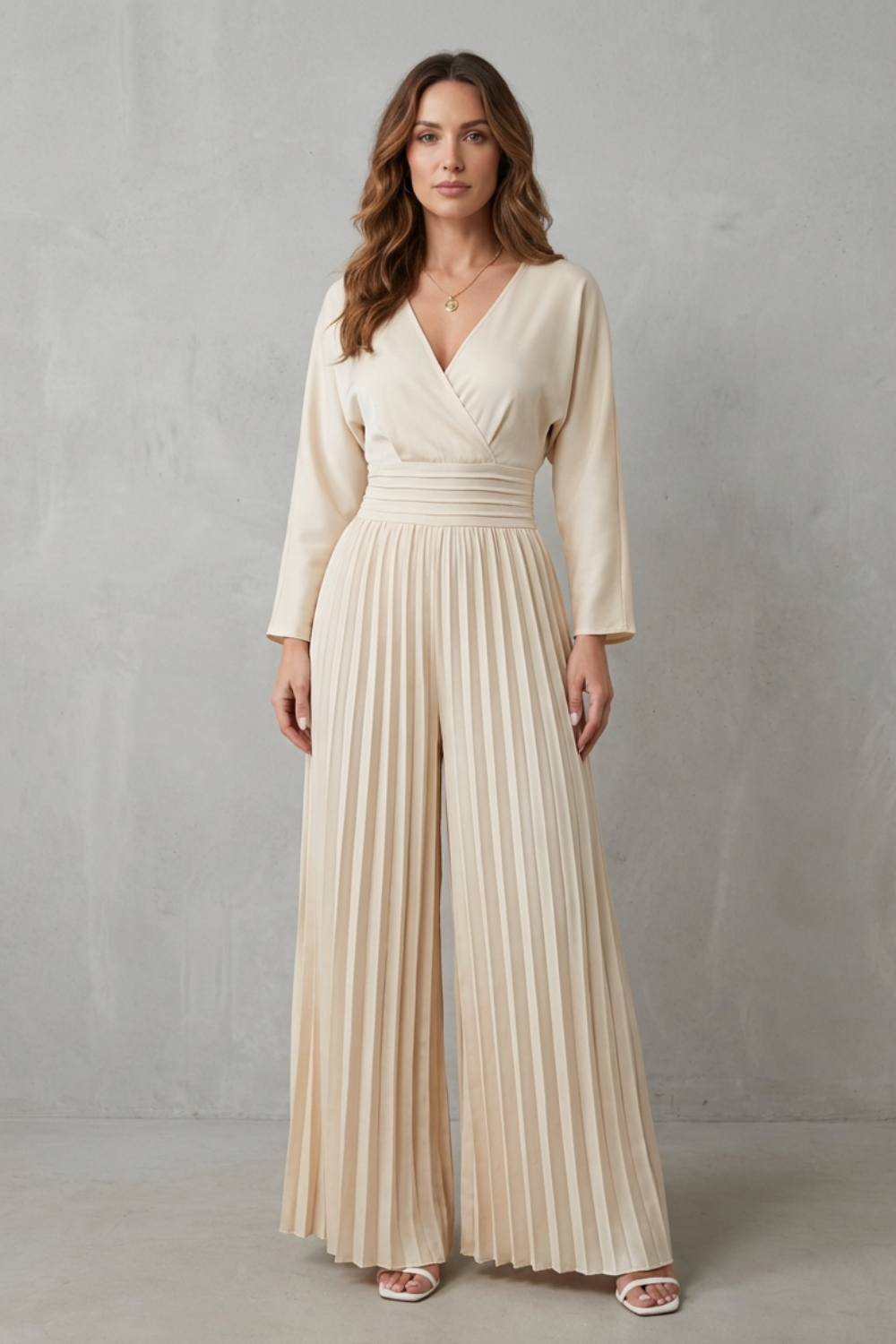 Phoebe | Jumpsuit Cream Pleated Wide-Leg Long Sleeve V-Neck for Women