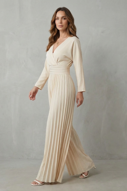 Phoebe | Jumpsuit Cream Pleated Wide-Leg Long Sleeve V-Neck for Women