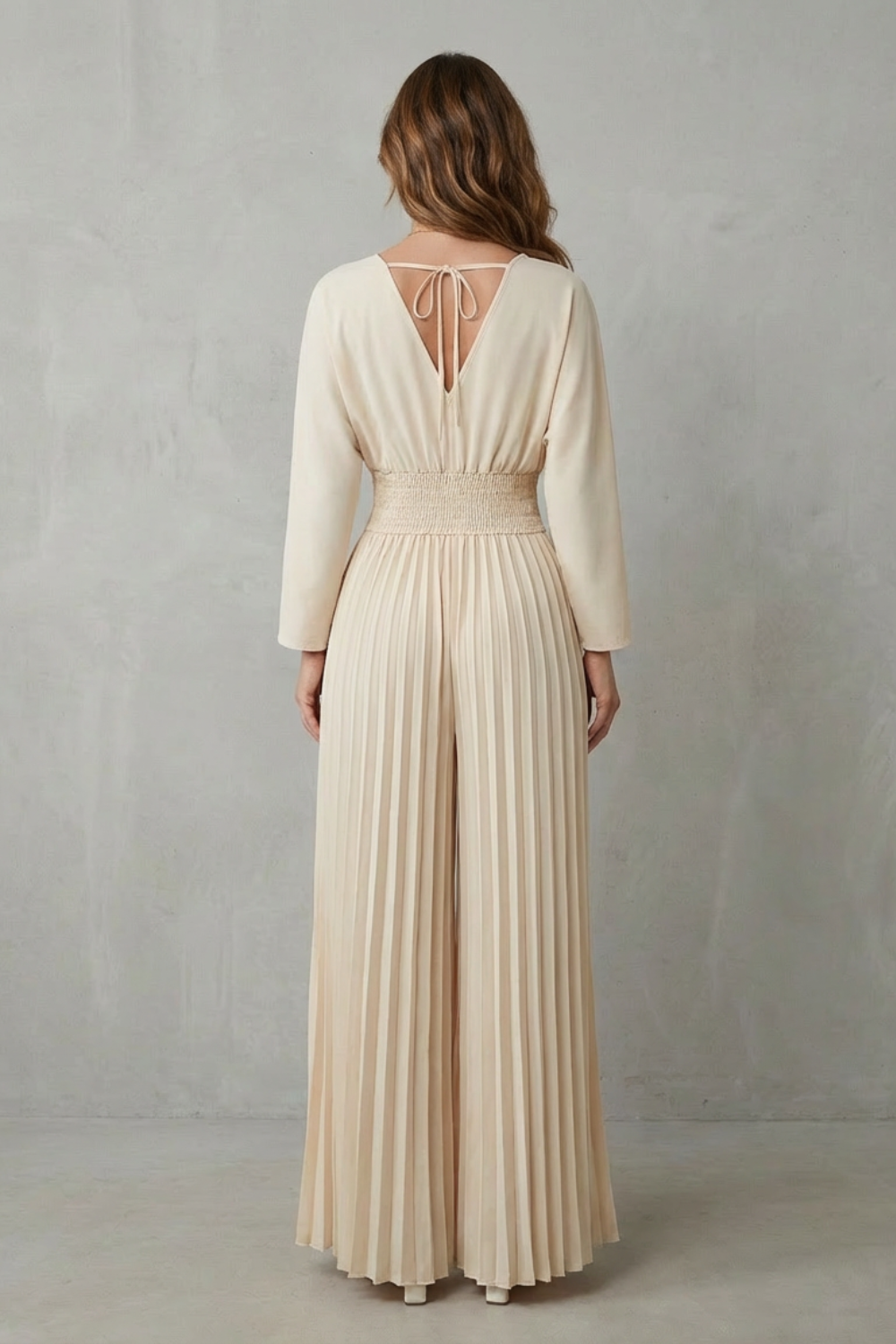 Phoebe | Jumpsuit Cream Pleated Wide-Leg Long Sleeve V-Neck for Women