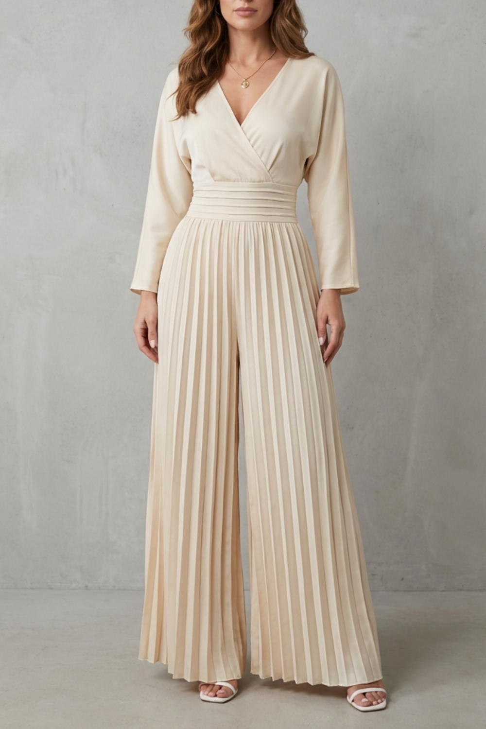 Phoebe | Jumpsuit Cream Pleated Wide-Leg Long Sleeve V-Neck for Women