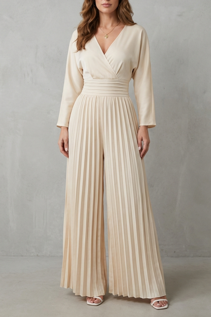 Phoebe | Jumpsuit Cream Pleated Wide-Leg Long Sleeve V-Neck for Women