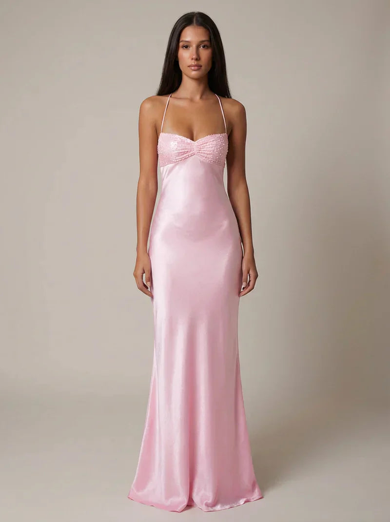 Nadine | Maxi Dress Pink Satin Pearl Embellished Halterneck for Women