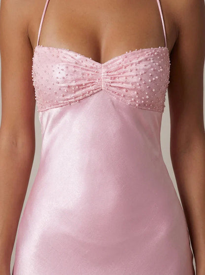 Nadine | Maxi Dress Pink Satin Pearl Embellished Halterneck for Women