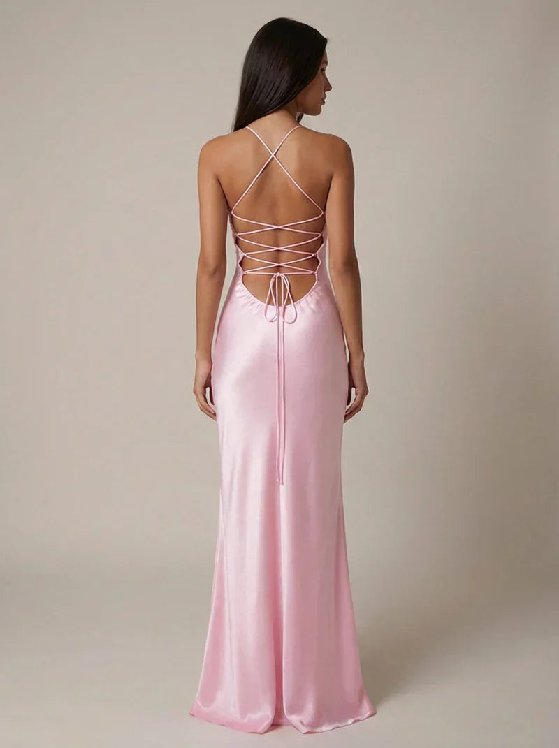 Nadine | Maxi Dress Pink Satin Pearl Embellished Halterneck for Women