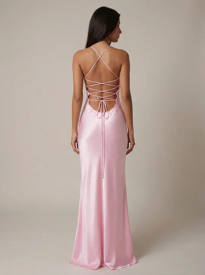 Nadine | Maxi Dress Pink Satin Pearl Embellished Halterneck for Women
