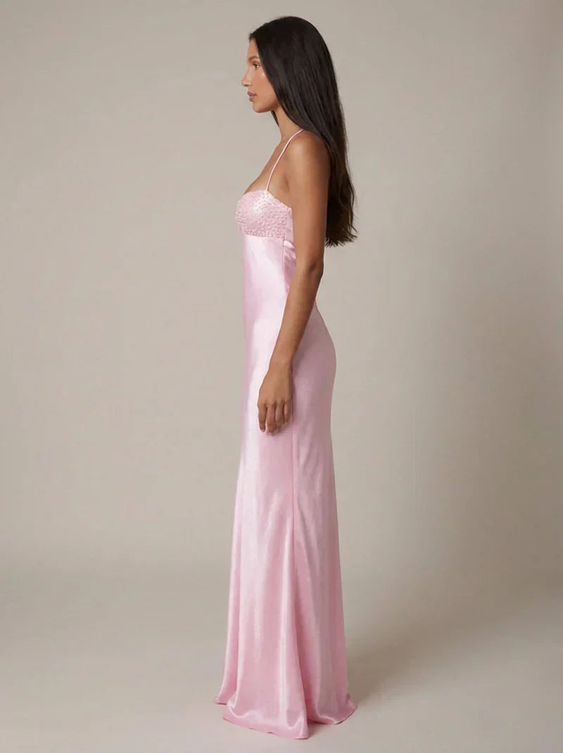Nadine | Maxi Dress Pink Satin Pearl Embellished Halterneck for Women