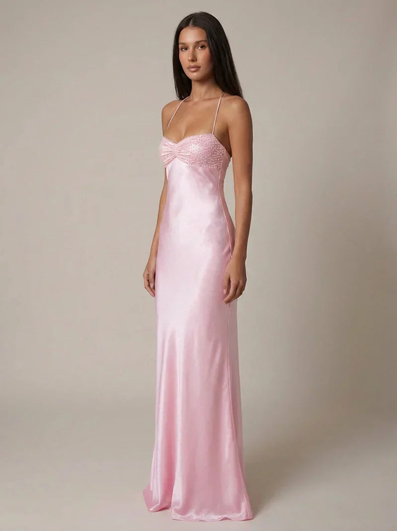 Nadine | Maxi Dress Pink Satin Pearl Embellished Halterneck for Women