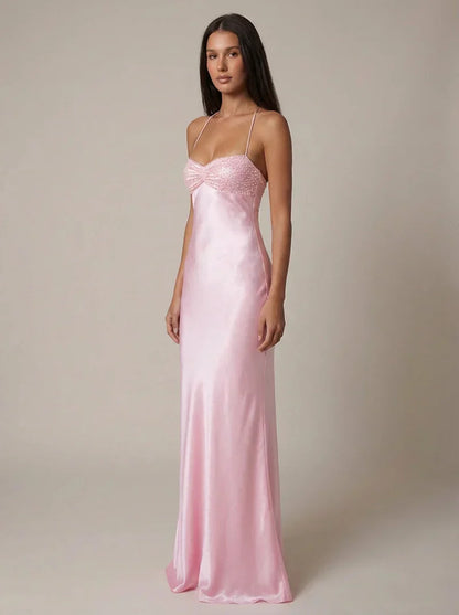 Nadine | Maxi Dress Pink Satin Pearl Embellished Halterneck for Women