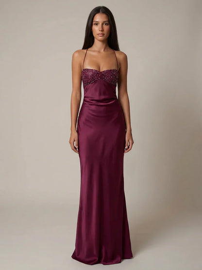 Nadine | Maxi Dress Pink Satin Pearl Embellished Halterneck for Women