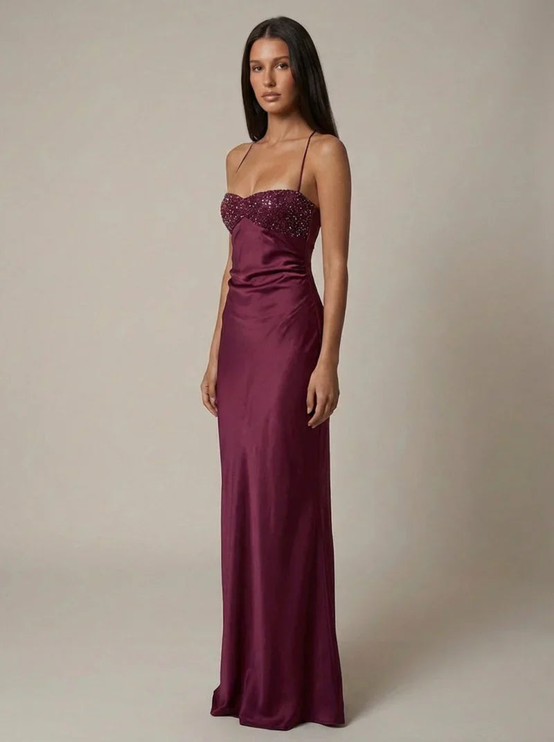 Nadine | Maxi Dress Pink Satin Pearl Embellished Halterneck for Women