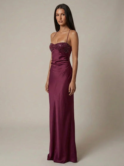 Nadine | Maxi Dress Pink Satin Pearl Embellished Halterneck for Women