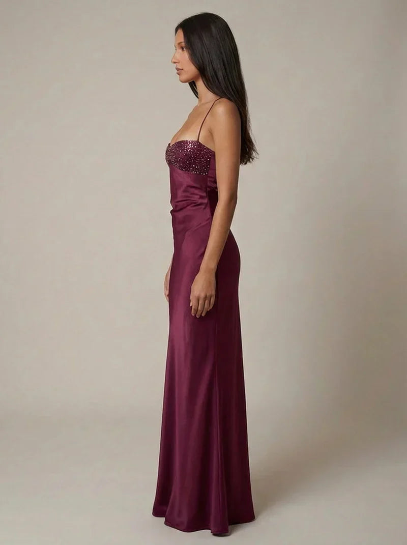 Nadine | Maxi Dress Pink Satin Pearl Embellished Halterneck for Women