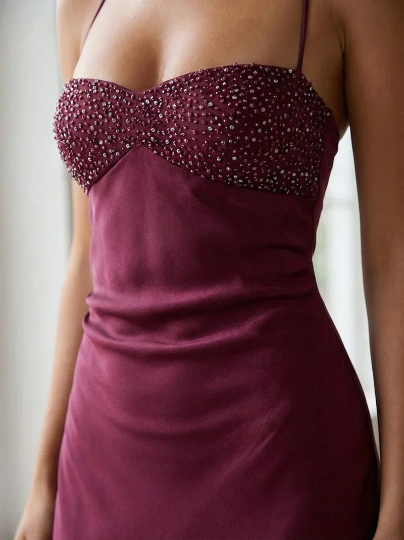 Nadine | Maxi Dress Pink Satin Pearl Embellished Halterneck for Women