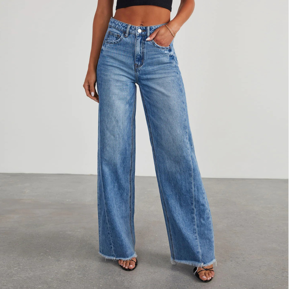 Elaine | Wide-Leg Jeans Blue Denim High-Waist Raw Hem for Women