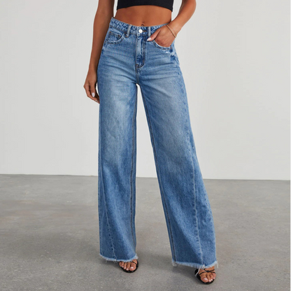 Elaine | Wide-Leg Jeans Blue Denim High-Waist Raw Hem for Women