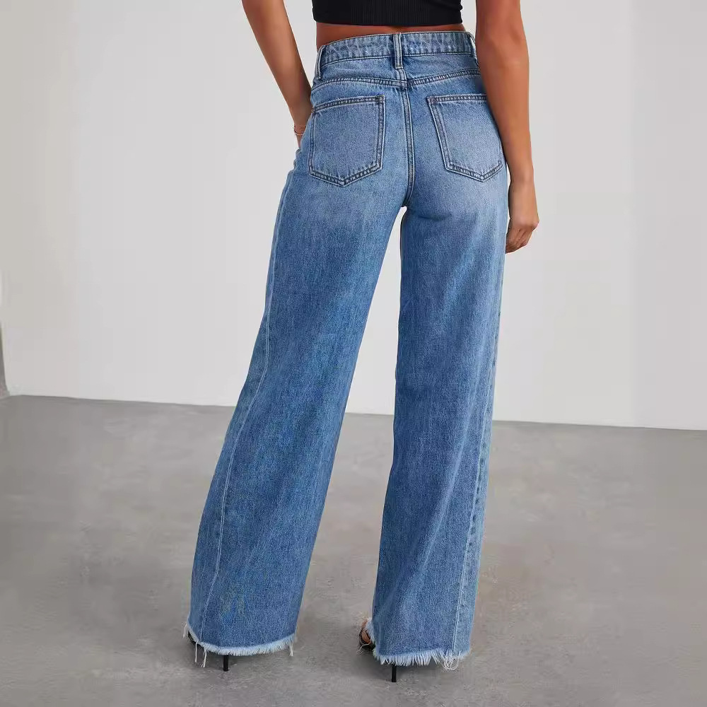 Elaine | Wide-Leg Jeans Blue Denim High-Waist Raw Hem for Women