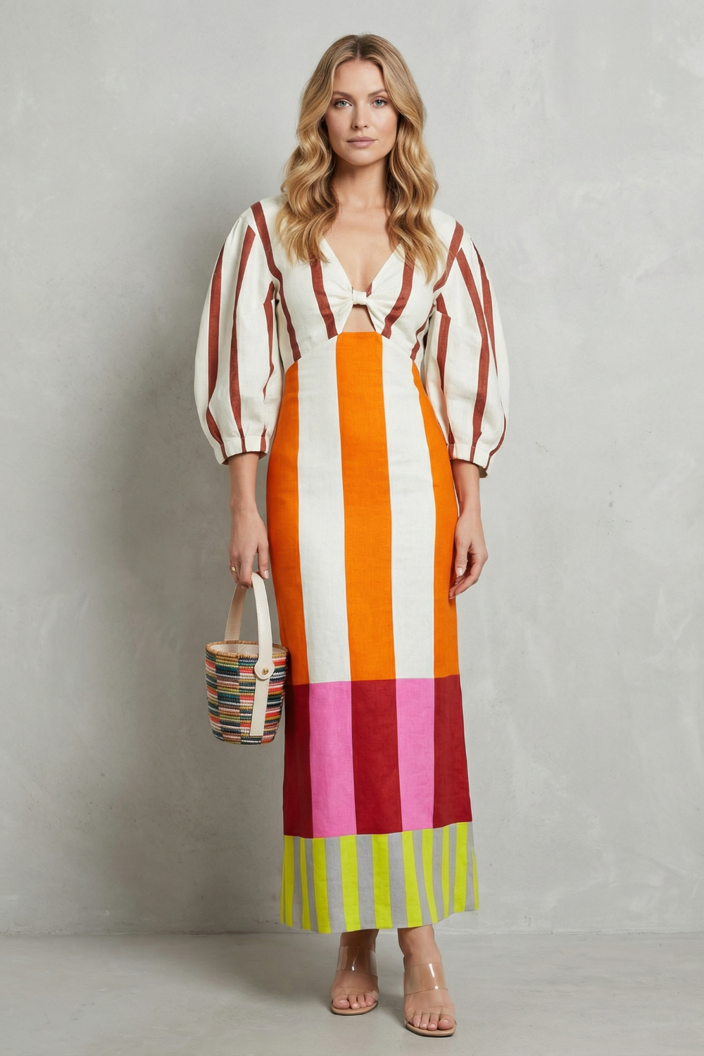 Rosalind | Maxi Dress Multicolour Stripe Linen Blend Puff Sleeve Cutout for Women