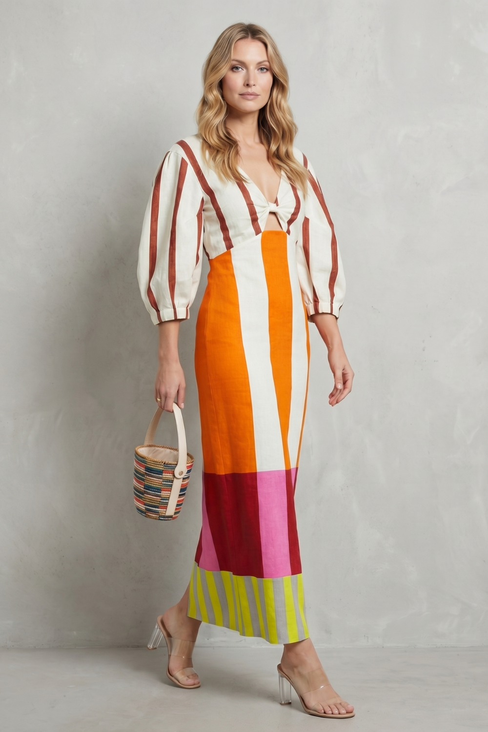 Rosalind | Maxi Dress Multicolour Stripe Linen Blend Puff Sleeve Cutout for Women