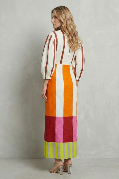 Rosalind | Maxi Dress Multicolour Stripe Linen Blend Puff Sleeve Cutout for Women