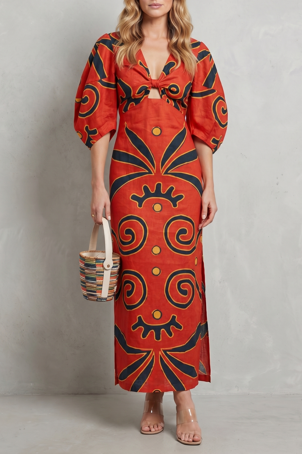 Rosalind | Maxi Dress Multicolour Stripe Linen Blend Puff Sleeve Cutout for Women