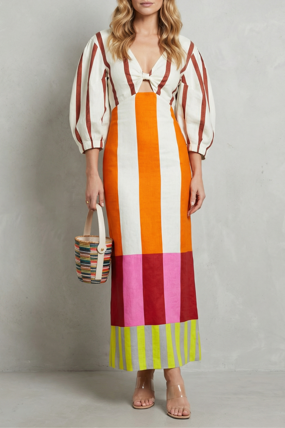 Rosalind | Maxi Dress Multicolour Stripe Linen Blend Puff Sleeve Cutout for Women