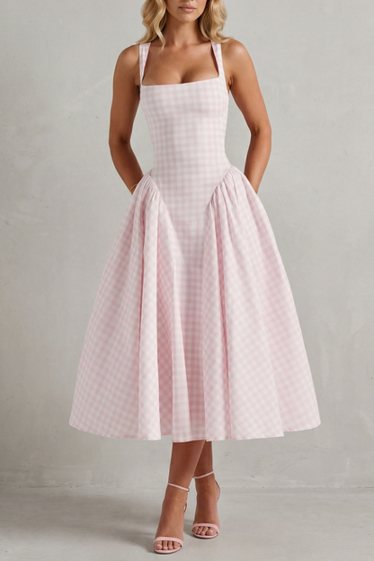 Rosalind | Midi Dress Pink Gingham Cotton Square Neck Flared for Women