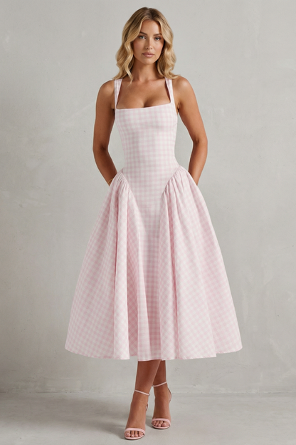 Rosalind | Midi Dress Pink Gingham Cotton Square Neck Flared for Women