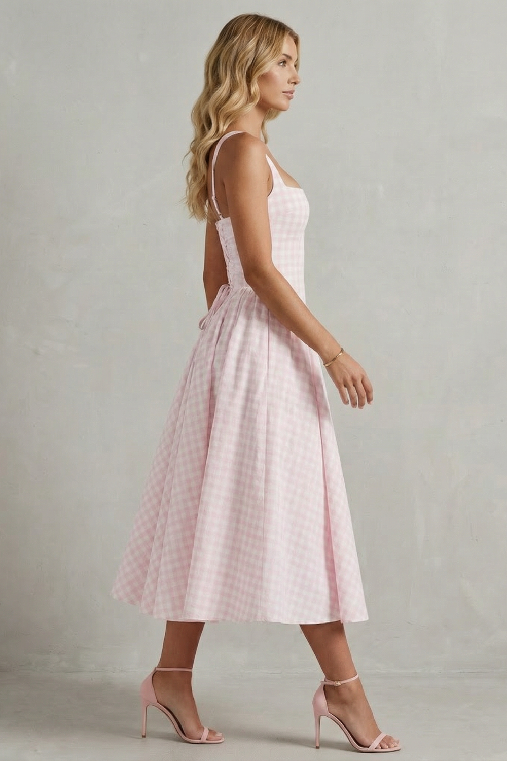 Rosalind | Midi Dress Pink Gingham Cotton Square Neck Flared for Women