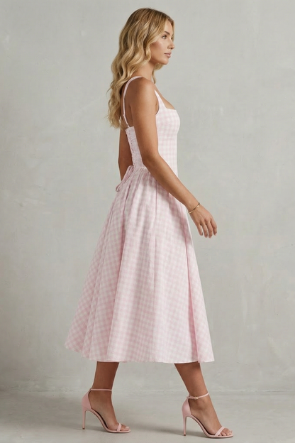 Rosalind | Midi Dress Pink Gingham Cotton Square Neck Flared for Women