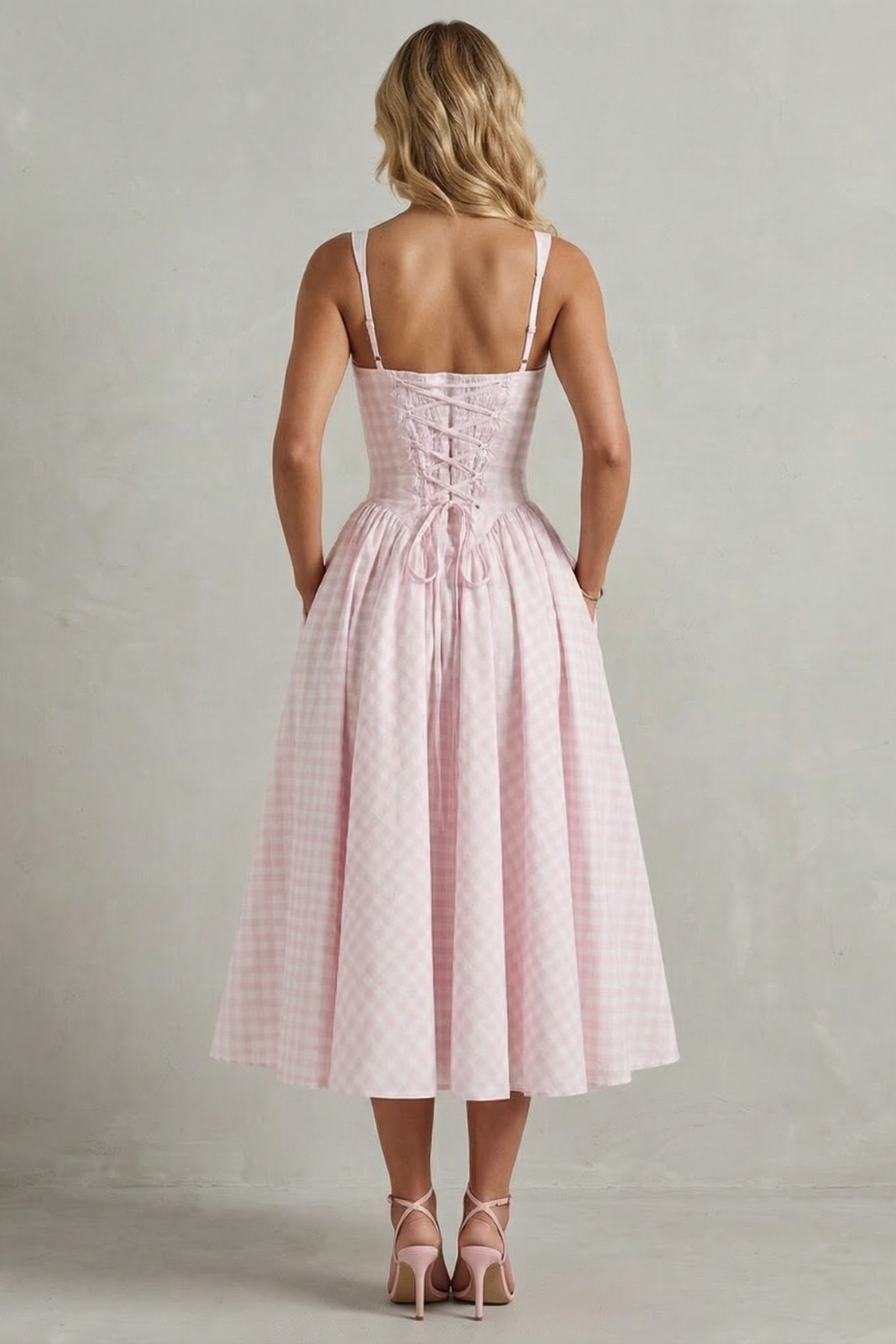 Rosalind | Midi Dress Pink Gingham Cotton Square Neck Flared for Women