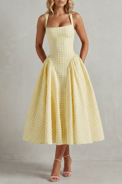 Rosalind | Midi Dress Pink Gingham Cotton Square Neck Flared for Women